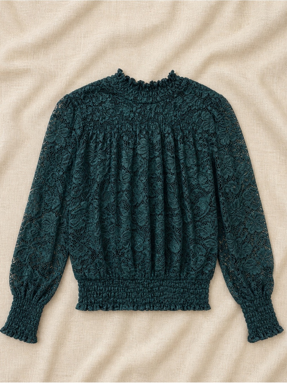 Cable & gauge Lace Smocked Long-Sleeve Top in Teal size XL